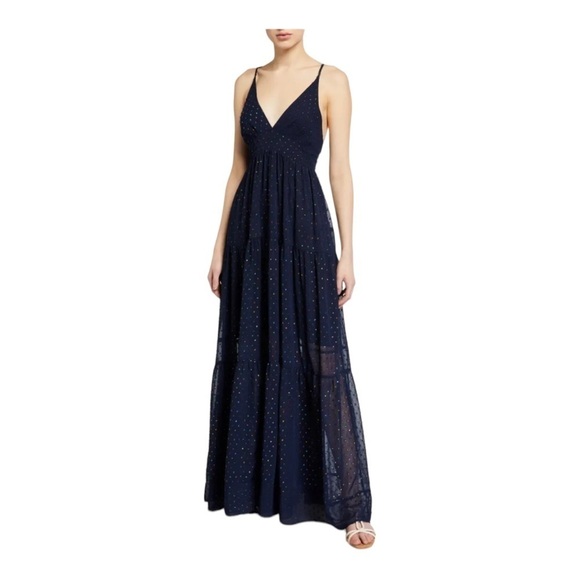 NWT LE SUPERBE Starry Night Navy Blue Metallic Chiffon Tie Back Maxi Gown Size 6 - Picture 2 of 14
